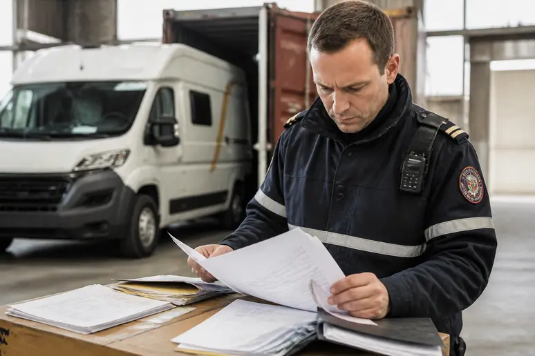 Agent de douane français évaluant des documents pour un camping car chinois avis à l'import.
