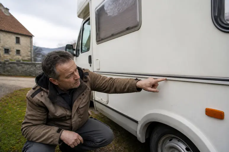 Inspection minutieuse d'un camping-car occasion 10000 euros avant l'achat par un homme français