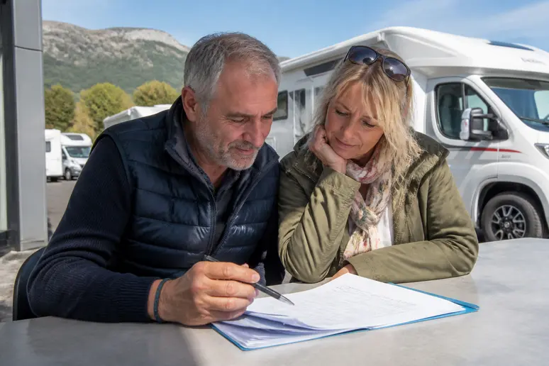 Couple français examinant un contrat pour un camping car Sunlight, avis positif.