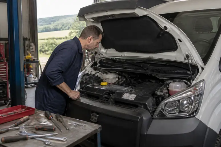 Mécanicien français inspectant un camping car Sunlight, avis sur l'entretien.