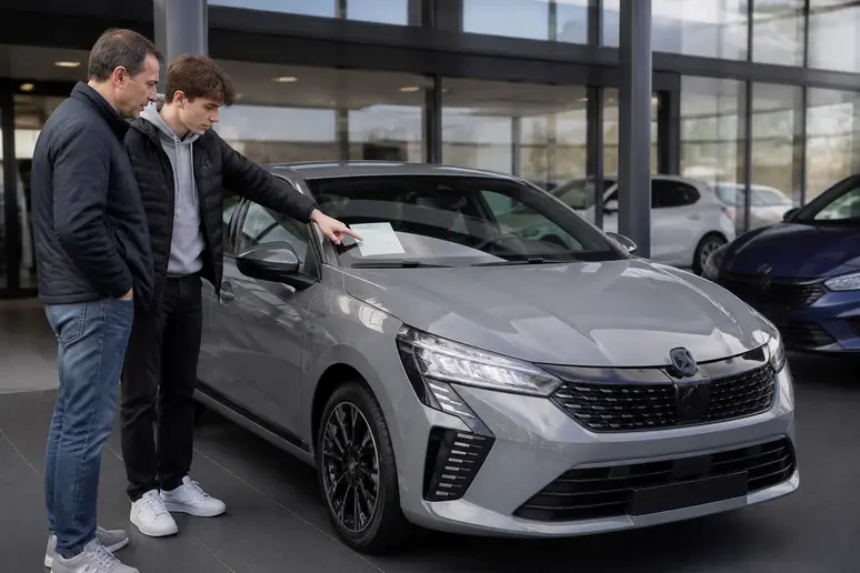 Estimation budget clio-5-gris-nardo neuf 2026, discutée par un père et son fils