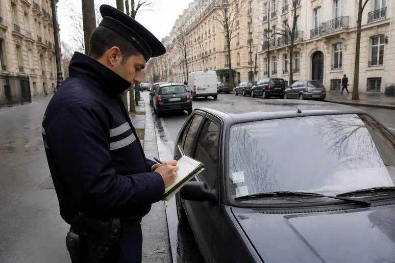 Agent de police français rédigeant une amende pour un contrôle-technique-périmé-1-mois à Paris.