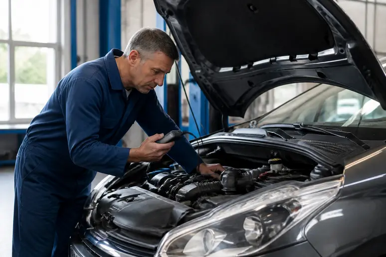 Mécanicien français diagnostiquant un défaut moteur sur une Peugeot 208, faites réparer le véhicule.