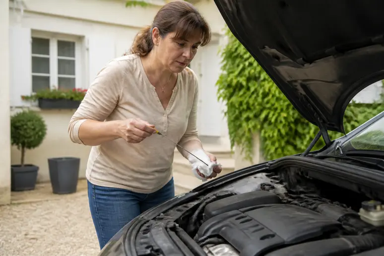 Femme vérifiant l'huile moteur de sa voiture pour prévenir un défaut moteur, faites réparer le véhicule.
