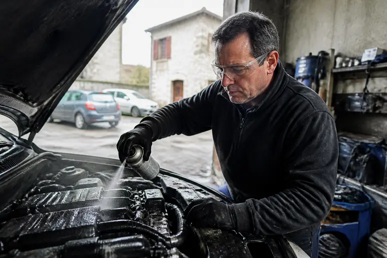 Un mécanicien amateur applique du dégraissant moteur sur un moteur de voiture dans un garage.