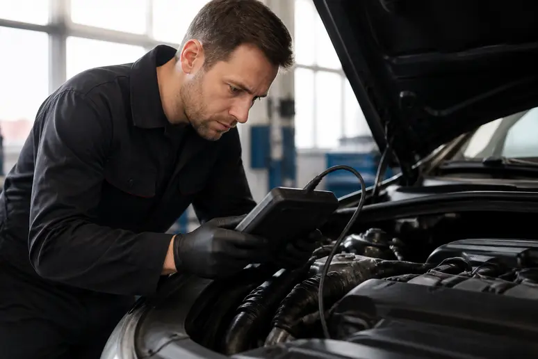 Mécanicien effectuant un diagnostic automobile fiable sur un moteur.