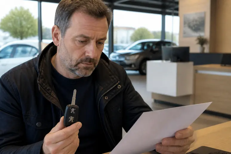 Client DTA Peugeot Dunkerque examinant son devis auto avec une expression réservée.