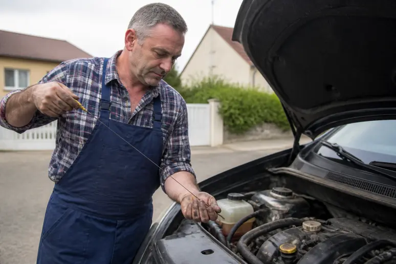 Un homme d'âge moyen vérifie le niveau d'huile de sa voiture dans l'allée d'une maison française, outils à portée de main.