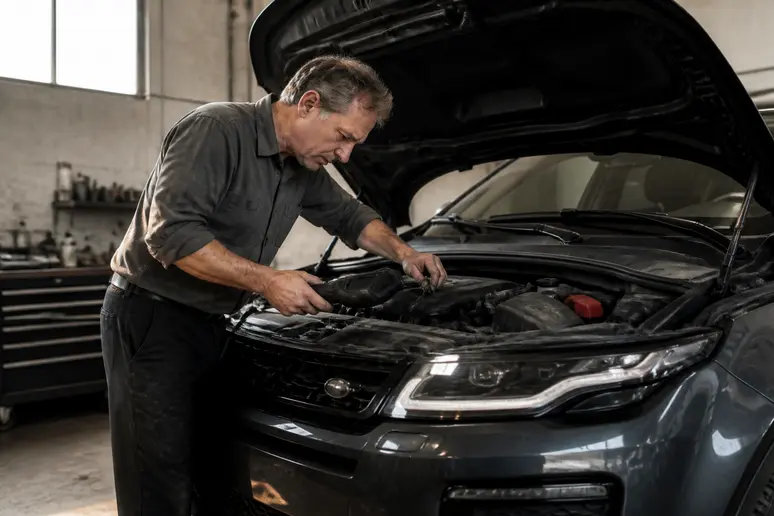 Mécanicien français expert vérifiant la fiabilité Range Rover Evoque dans un atelier.