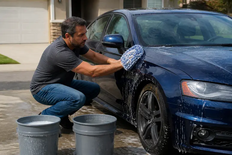 Un homme lave sa voiture en respectant la méthode des deux seaux pour un lavage voiture sans rayures.