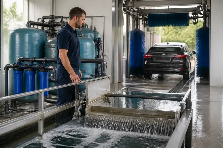 Station de lavage moderne en France avec système de recyclage d'eau pour un lavage voiture écologique.