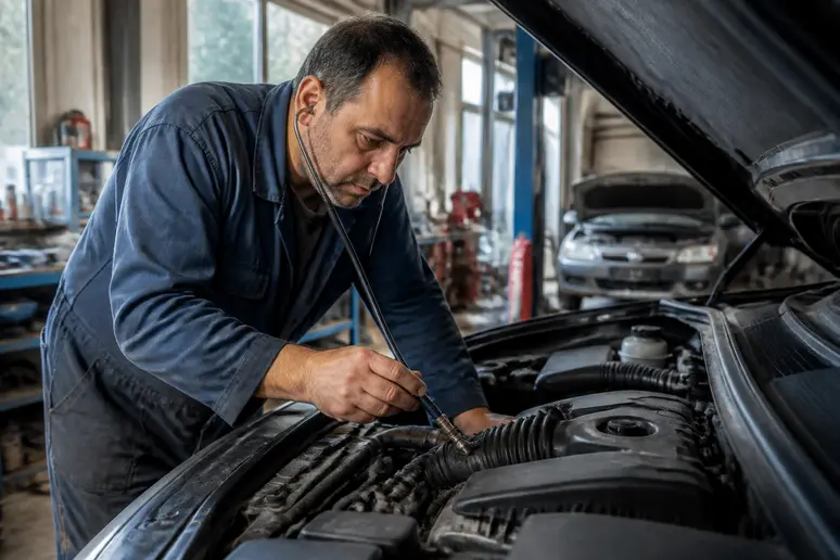 Mécanicien professionnel examinant un moteur qui claque pour identifier les causes.