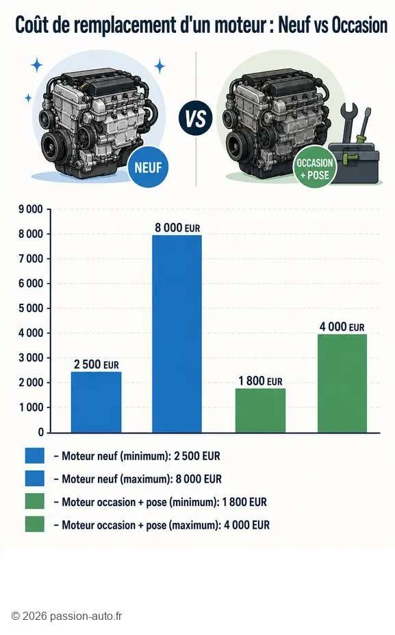 Comparaison des coûts de remplacement d'un moteur qui claque : neuf versus occasion en mars 2026.