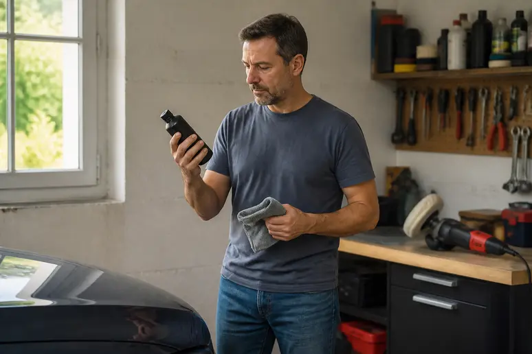 Un homme examine un polish voiture dans son garage, préparant le matériel pour un entretien.