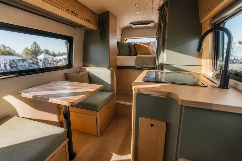 Intérieur d'un van aménagé, exemple de l'influence de la vanlife sur le salon camping car 2026.