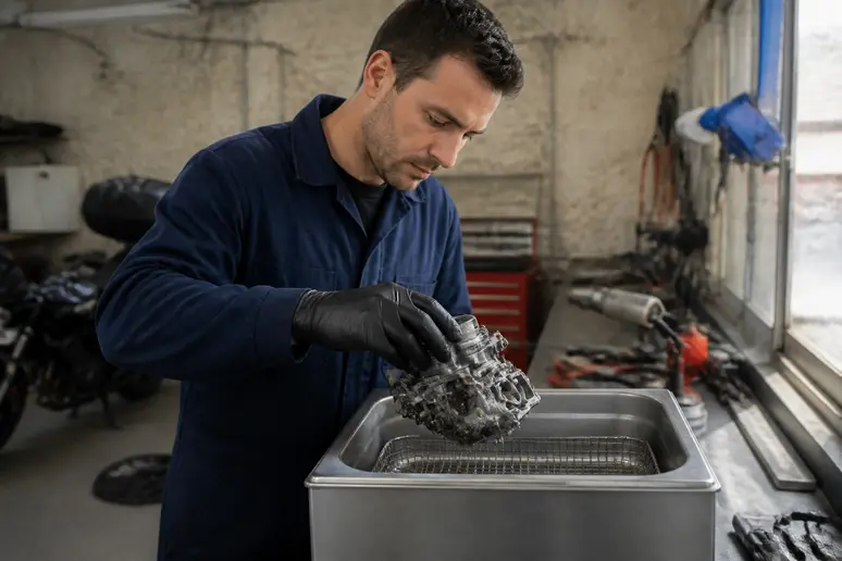 Carburateur de moto méticuleusement placé dans un nettoyeur à ultrasons par un mécanicien.