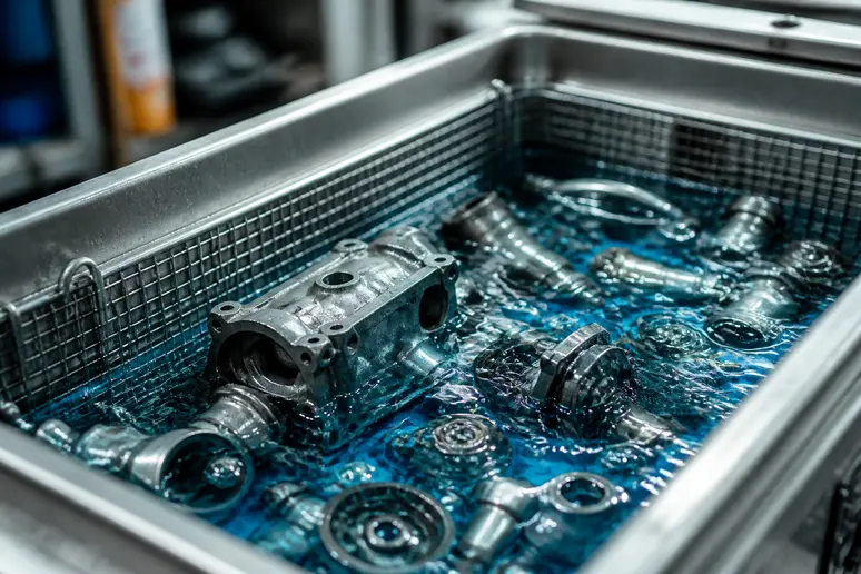 Pièces auto et moto immergées dans un liquide spécifique pour un nettoyage par ultrasons.