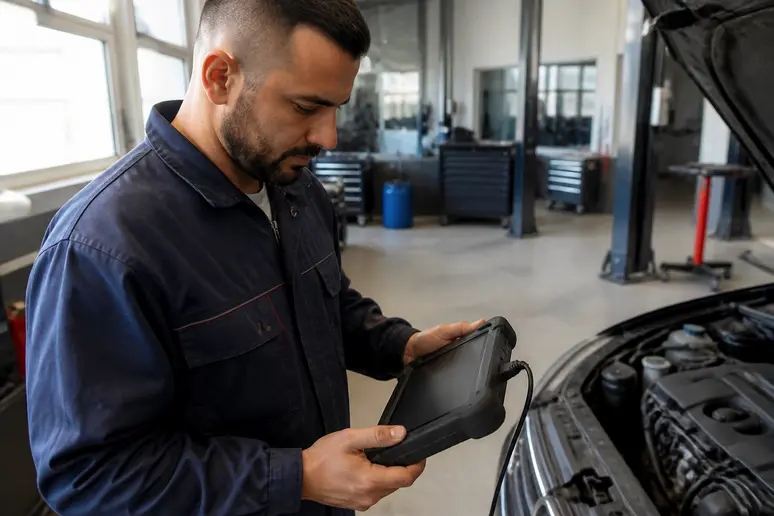 Un mécanicien français utilise une valise diagnostic auto multimarque professionnelle dans un atelier moderne.