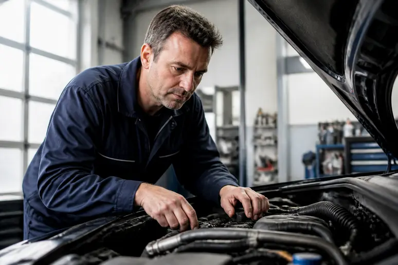Un mécanicien français vérifie le moteur d'une voiture turbo comment ça marche dans un garage.