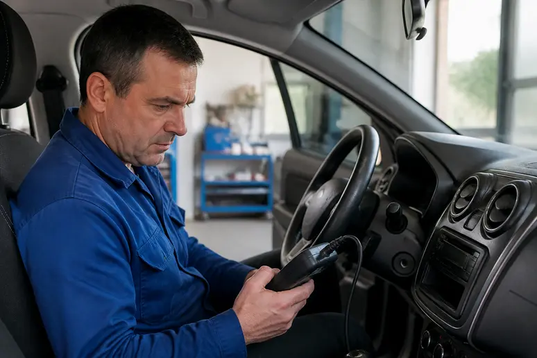 Mécanicien vérifiant le voyant zigzag dacia sandero signification avec un outil.