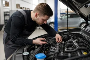 Un mécanicien examine le compartiment moteur pour installer un anti rongeur voiture efficace.