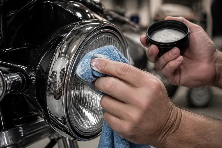 Application minutieuse du belgom chrome sur le cerclage de phare d'une moto avec un chiffon doux