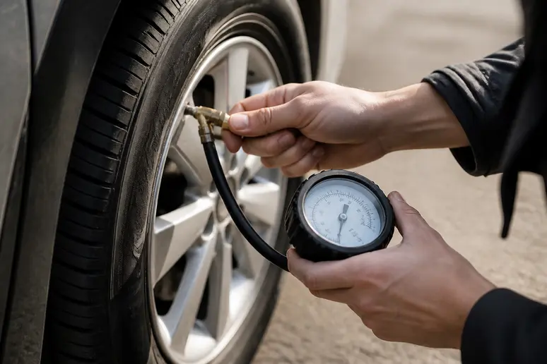 Contrôle de la pression des pneus avec un manomètre pour vérifier la valeur à froid