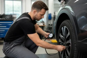 Un mécanicien vérifie la pression d'un pneu à l'aide d'un capteur de pression pneu dans un atelier automobile.