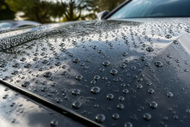 Effet hydrophobe et gouttes d'eau perlant sur une carrosserie protégée par ceramique voiture