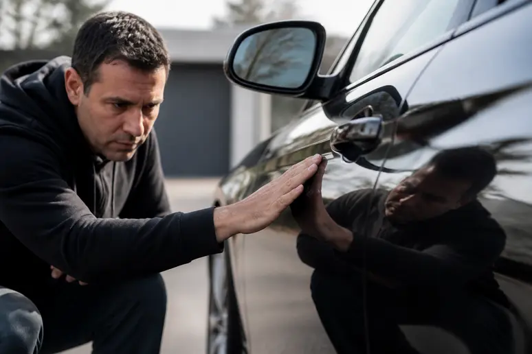 Contrôle visuel du résultat après l'application de la cire voiture sur la peinture