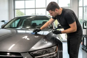 Un mécanicien applique soigneusement de la cire voiture sur la carrosserie brillante d'une berline moderne.