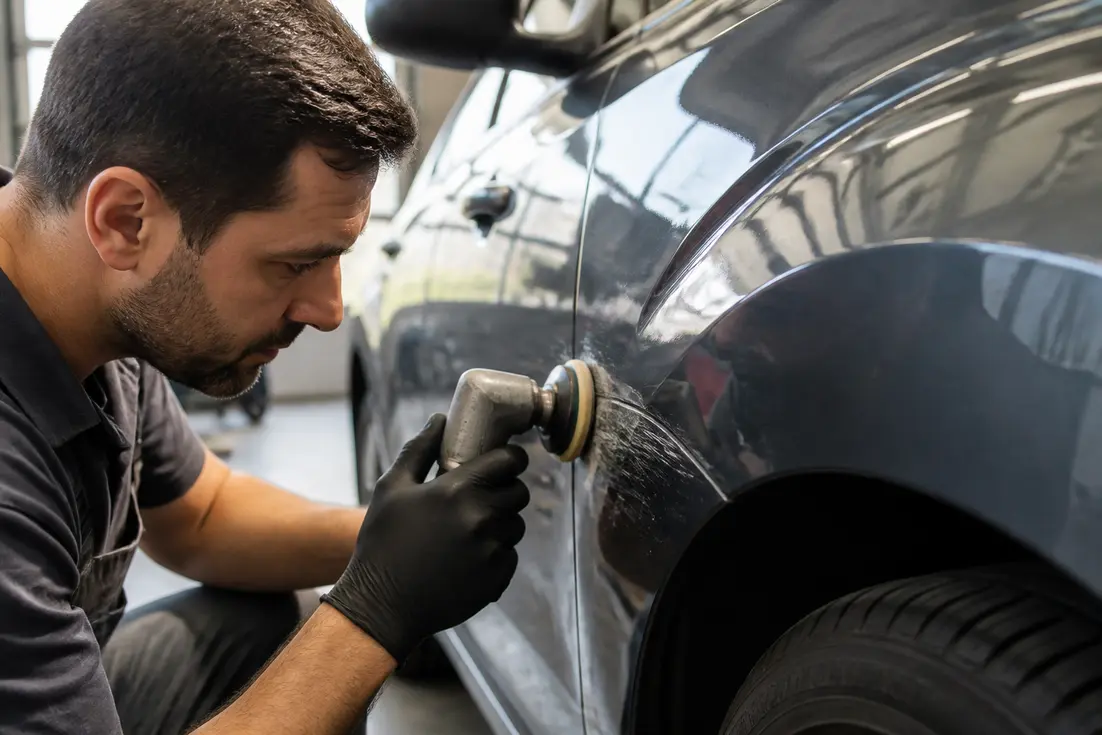 Un mécanicien utilise un outil spécial pour efface rayure voiture profonde sur la carrosserie d'un véhicule