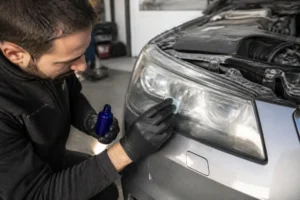 Un mécanicien applique un produit sur un optique lors d'un kit renovation phare dans un atelier automobile