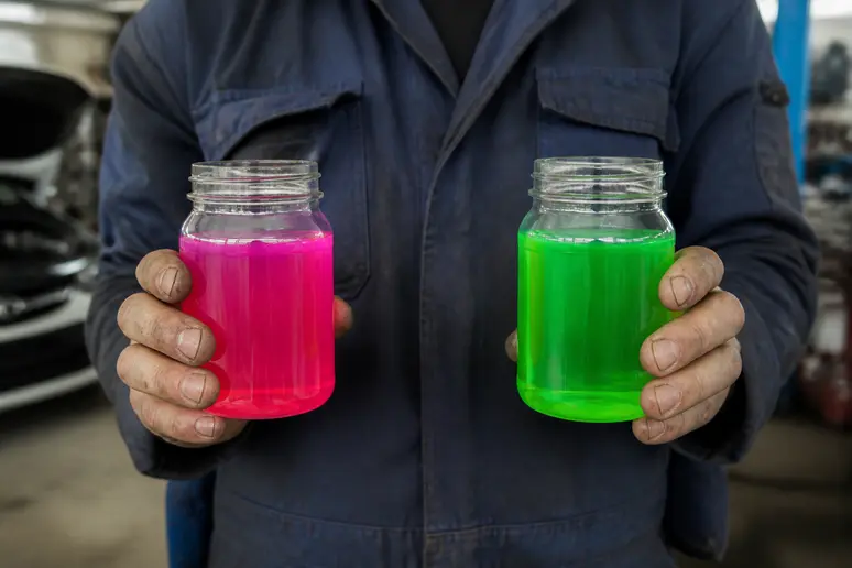 Comparaison visuelle entre un liquide de refroidissement rose et un fluide vert dans un garage