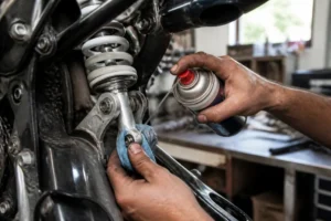 Un mécanicien applique un lubrifiant silicone sur une pièce mécanique de moto dans un atelier.