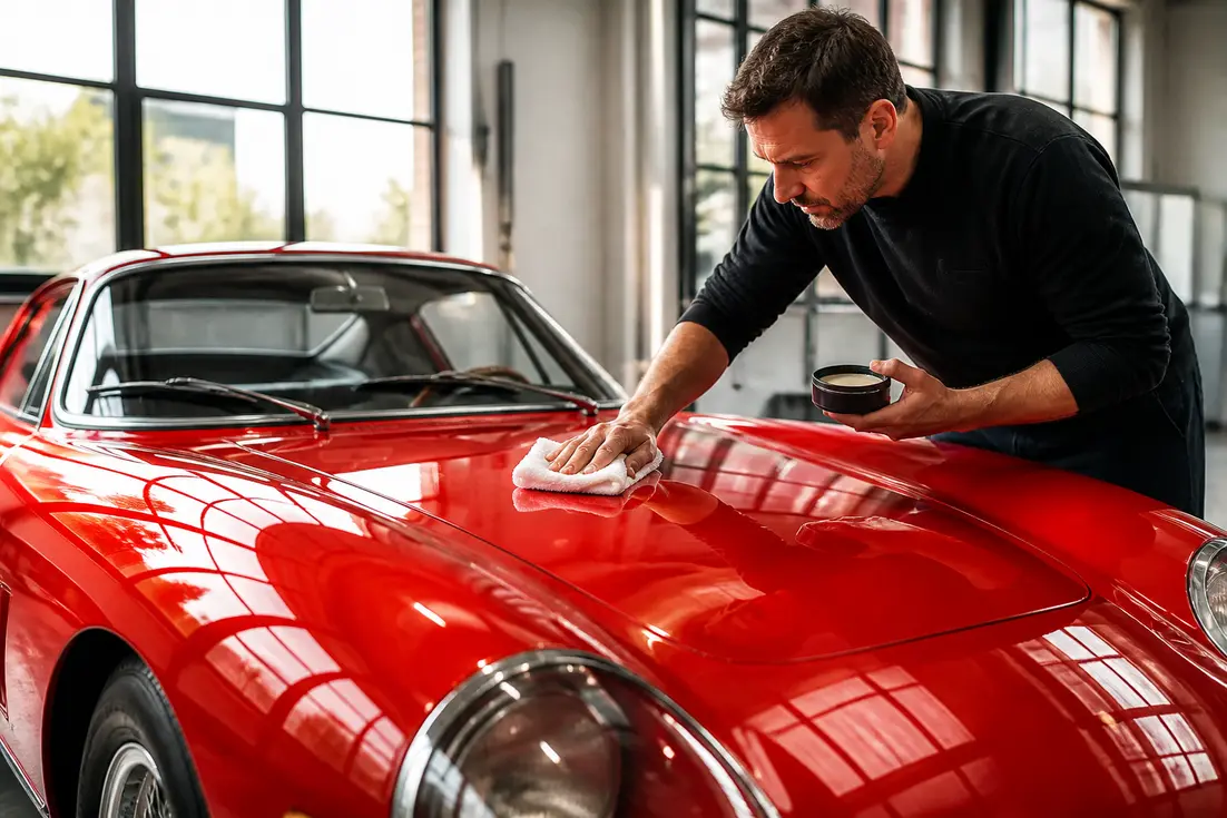 Un mécanicien effectue un lustrage voiture minutieux avec un chiffon microfibre sur la carrosserie rouge.