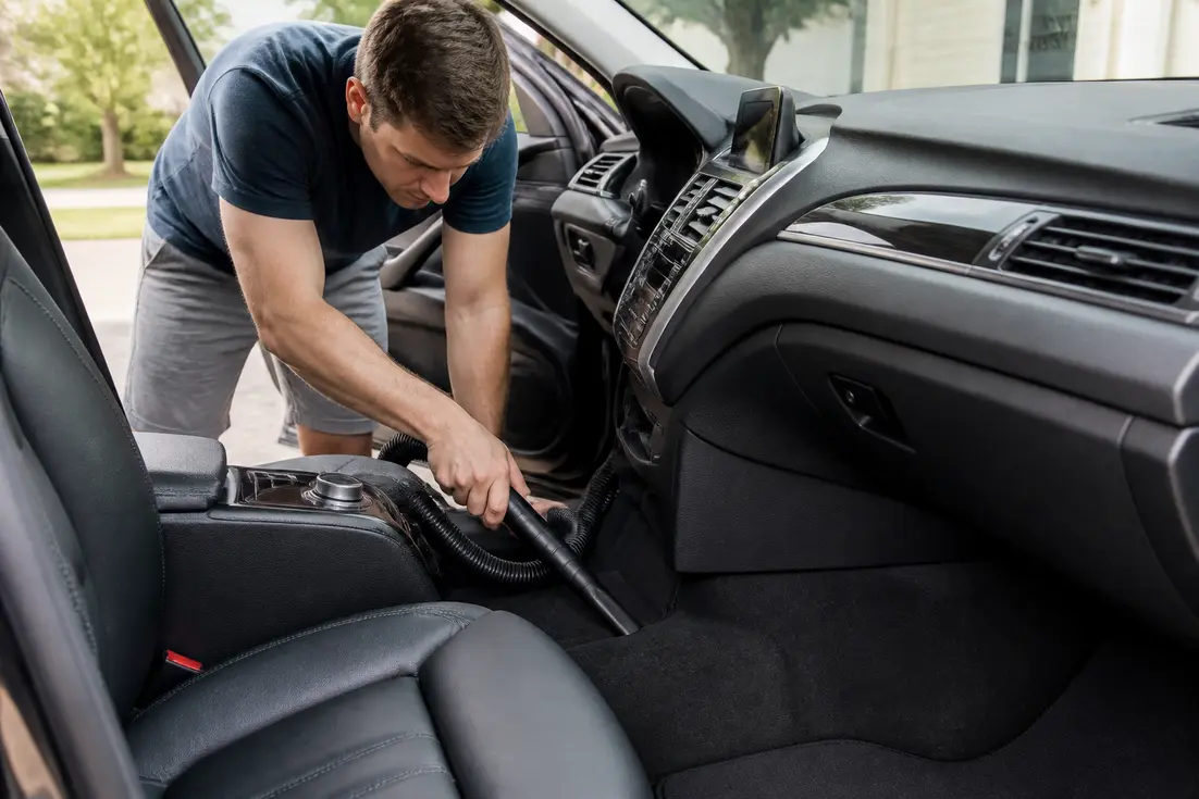 Un automobiliste effectue un nettoyage interieur voiture minutieux en aspirant les tapis de sol de son véhicule.