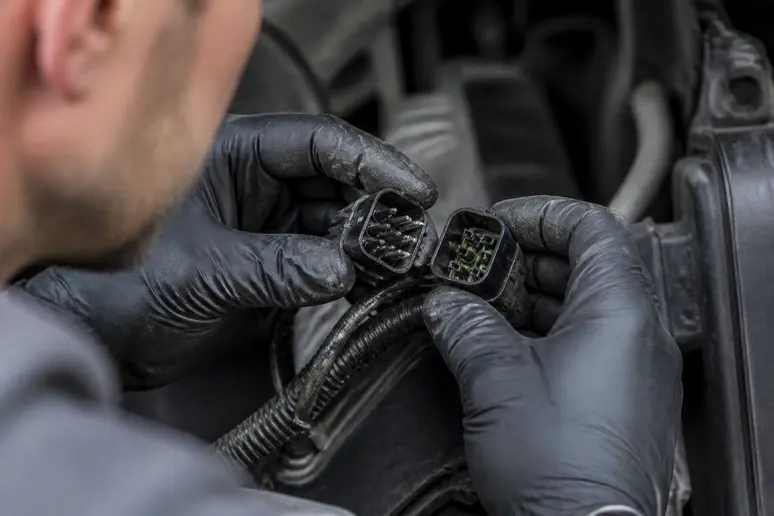 Inspection minutieuse des broches d'un connecteur automobile avant l'entretien électrique