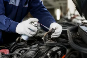 Utilisation d'un nettoyant contact voiture sur les connexions électriques dans un atelier mécanique