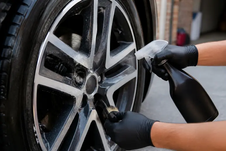 Application d'un nettoyant jantes sur les branches d'une roue en alliage avec des gants de protection