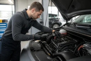 Mécanicien qualifié inspectant le compartiment moteur d'un véhicule moderne pour résoudre le code erreur p20e8.