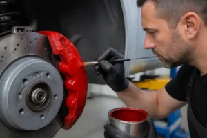 Un mécanicien applique soigneusement de la peinture etrier de frein rouge dans un atelier automobile lumineux