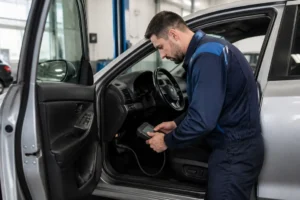 Un mecanicien realise une regeneration fap avec un outil de diagnostic dans un garage automobile lumineux.