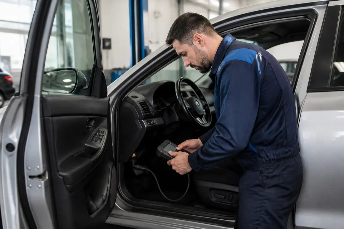 Un mecanicien realise une regeneration fap avec un outil de diagnostic dans un garage automobile lumineux.