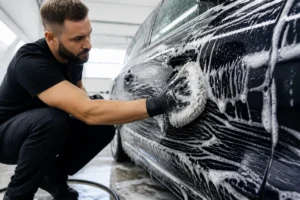 Un mécanicien nettoie la carrosserie d'une voiture avec un shampoing voiture moussant dans un atelier lumineux