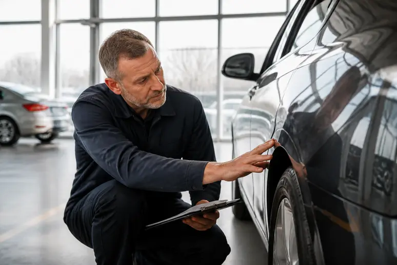 Mécanicien professionnel inspectant la carrosserie d'une voiture d'occasion pour le rachat.