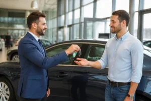 Un client et un vendeur discutent lors d'une transaction pour un rachat voiture en concession.