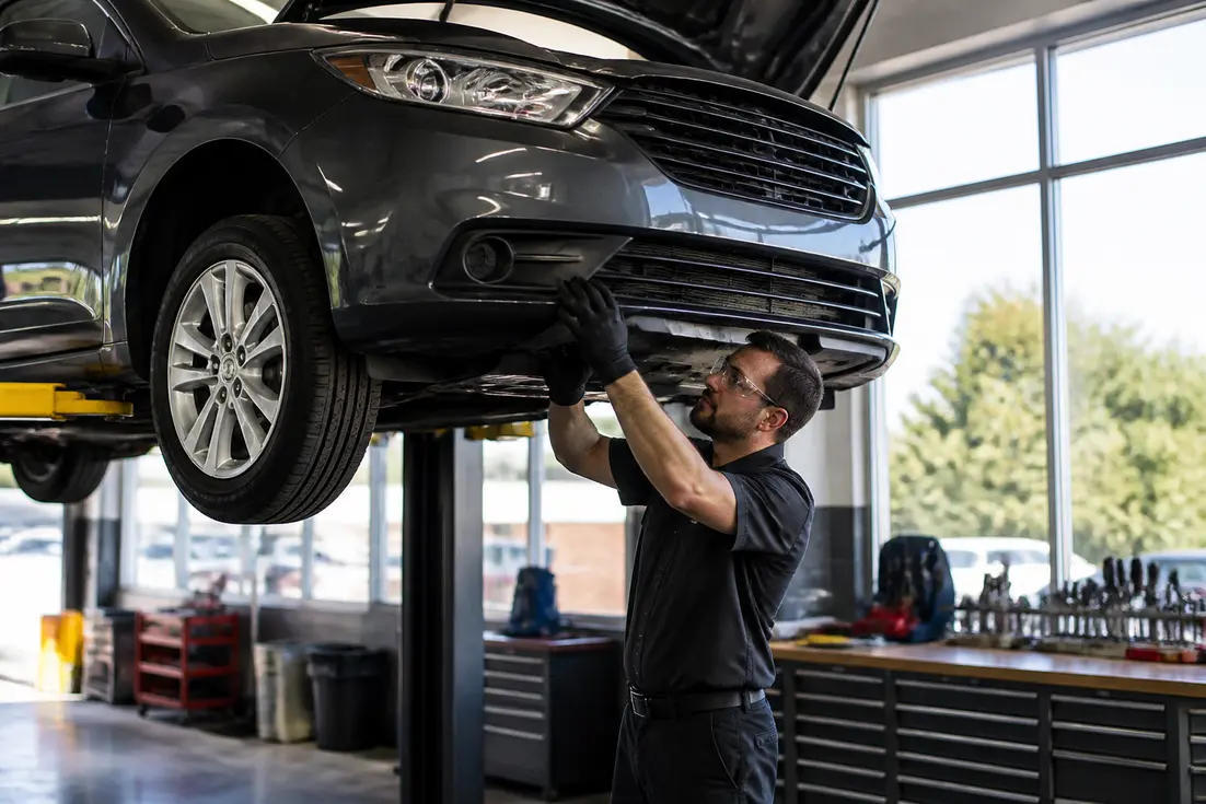 Un mécanicien inspecte le compartiment moteur d'une voiture dans un atelier pour identifier les 10-voitures-doccasion-a-eviter.