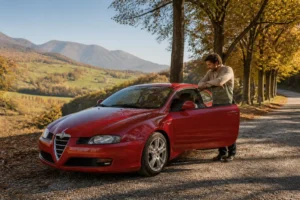 Voiture coupé alfa-romeo-gt-automatic rouge garée sur une route de campagne ensoleillée.