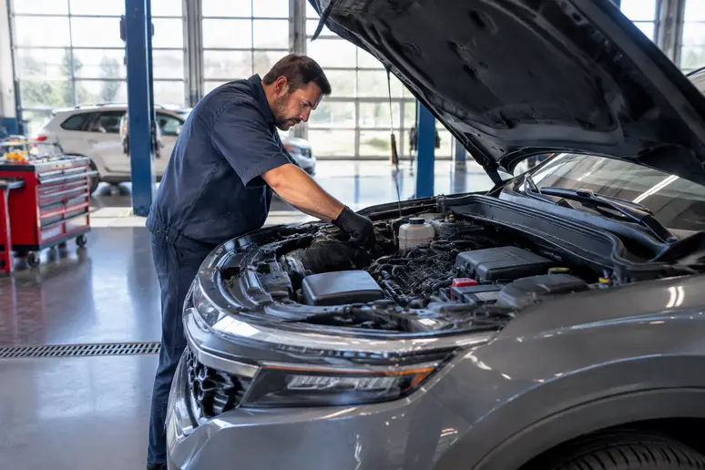 Mécanicien contrôlant l'usure de l'alternateur sur une voiture en atelier